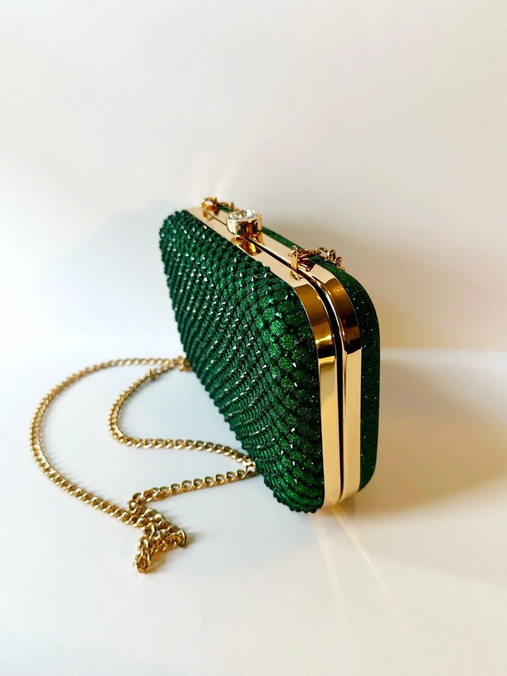 Green Crystal Evening Clutch with Gold Chain Strap